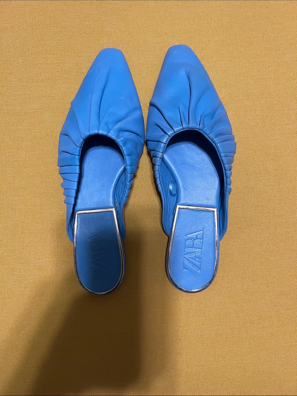 ZARA Bright Blue Ruched Pointed-Toe Mules